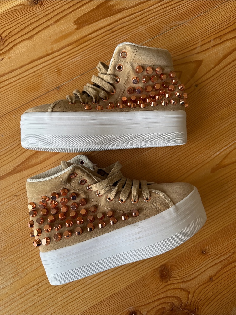 Jeffrey Campbell Taupe Suede Platform High-Top Sneakers with Copper Studs